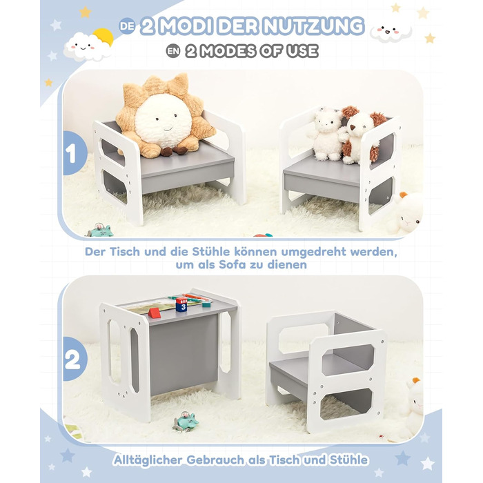 Комплект столу та стільців Yorbay для дітей, Дитячий стіл з 1 стільцем, Дитячий комплект сидіння 3 в 1 - Двосторонній стілець та дитяча лавка, що трансформується в робочу станцію, Дитячі меблі (Сірий, M) Сірий середній