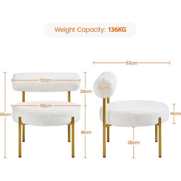 Крісло Yaheetech Lounge, крісло-реклайнер з тканини букле, обіднє крісло зі спинкою, стильне крісло для вітальні, крісло для відпочинку, 1 білий колір