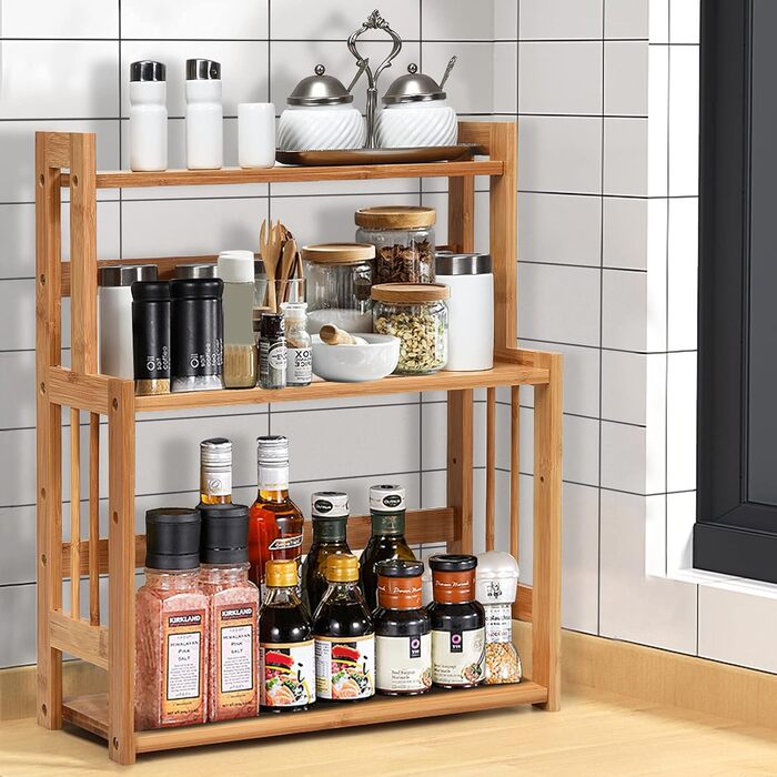 Бамбукова підставка для спецій GIANTEX, 3 яруси, кутовий органайзер для кухонних полиць, підставка для спецій з натурального дерева, кухонна підставка для спецій, стояча кухонна полиця, система кухонних полиць, органайзер для спецій, кухонний органайзер