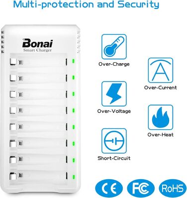 Зарядний пристрій BONAI для акумуляторів AA AAA NI-MH NI-Cd зі світлодіодним дисплеєм, швидкий зарядний пристрій UAB з батарейками AAA 1100mAh, 8 шт., зарядний пристрій 8AAA
