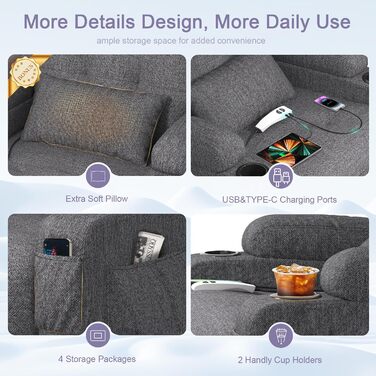 Крісло для телевізора з розкладним підйомником, масажне крісло з електрорегулюванням та функцією підігріву, функція відкидання, 2 підстаканники, 4 бічні кишені, порти типу C та USB, крісло для телевізора з підставкою для ніг, вітальня, темно-сірий