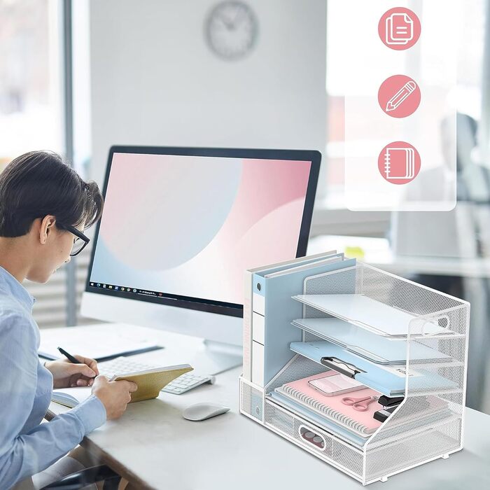 Органайзер для робочого столу з тримачами для файлів, 5-ярусний сітчастий лоток для паперу з тримачем для ручок та шухлядою для канцелярського приладдя, білий