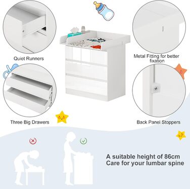 Пеленальний столик WOLTU з пеленальною стільницею, комод з 3 шухлядами, пеленальний столик з тихими металевими напрямними та захистом від перекидання, 86 см для поперекової підтримки, білий