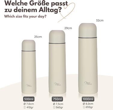 Термос Milu, ізольована пляшка, 1 л, 750 мл, 500 мл - ізольована пляшка для пиття з нержавіючої сталі, 100 герметична, з подвійною стінкою (Buttercream, 1000 мл) 1000 мл Buttercream