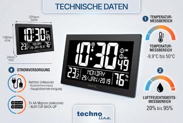Цифровий радіозадухований годинник Technoline WS8017 з DCF77 великий LED-дисплей, термогігрометр, 2 будильники з функцією відкладання, календар до 2099 р., формат 12/24г, настінний та настільний варіант, біле LED-підсвічування, блок живлення в комплекті