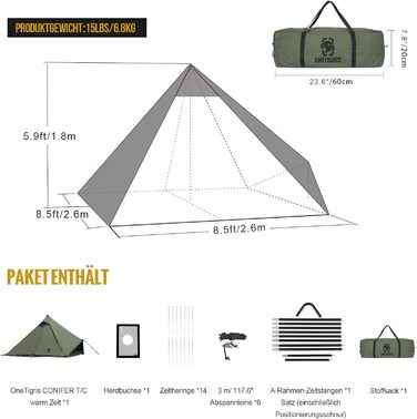 Намет OneTigris Conifer Tipi зі сніговою спідницею, водонепроникний, 1 особа, з наметовою піччю, зимовий кемпінг (бавовна Tetoron), колір Ranger Green