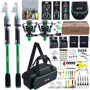 Повний рибальський набір Goture (24T Carbon), 2 телескопічні вудки з вуглецевого волокна для серфкастингу та котушка для спінінгу з 91 герметичними кульковими підшипниками, включаючи рибальські інструменти, сумку для котушки - професійна морська риболовля