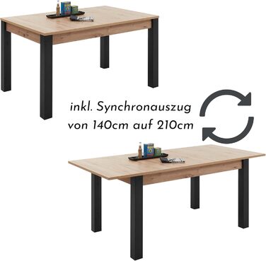 Розкладний обідній стіл Lucas з дубовим покриттям Artisan, чорний - Розкладний кухонний стіл для вашої вітальні та їдальні - 140-210 x 76 x 90 см (Ш/В/Г)