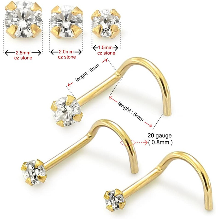 Пірсинг монстрів 9-каратне золото Справжнє золото Шпилька для пірсингу носа Кришталевий камінь Товщина бруска 20 г (0,8 мм) Довжина стрижня 7 мм Розмір каменю від 1,5 мм до 2,5 мм Гіпоалергенний 1,5 мм