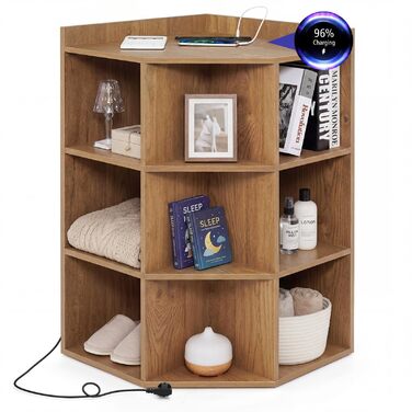 Кутова книжкова полиця COSTWAY із 3-рівневою зарядною станцією, кутова полиця з 9 відділеннями, 2 USB-портами та 4 розетками, полиця для зберігання речей для спальні, вітальні (натуральний колір)