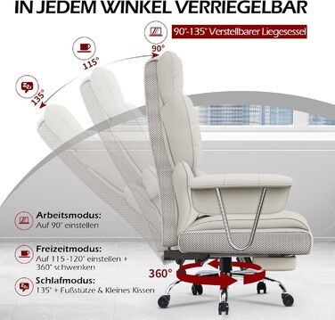 Ергономічне офісне крісло з висувною підставкою для ніг, регульоване по висоті робоче крісло, велика м&39яка спинка, індивідуальна поперекова підтримка, крісло керівника зі штучної шкіри, білий колір з підставкою для ніг
