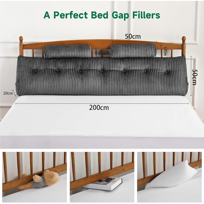 Подушка-книжка Z-hom, клиноподібна подушка, подушка для читання для ліжка та дивана, затишна подушка для спини, практична бічна кишеня, знімний чохол, з круглою подушкою для голови (сіра, 200 * 50 * 20 см) сіра 200 x 50 x 20 см