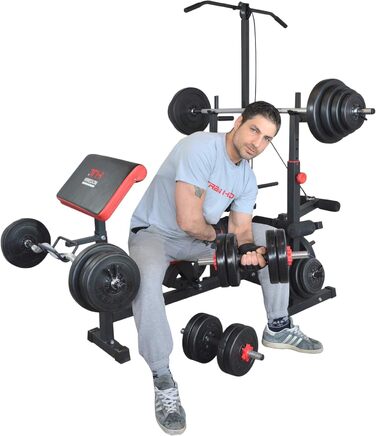 Багатофункціональна силова лава Train Hard з силовою станцією для тяги ширшого хвата, дисками вагою від 90 до 150 кг, штангою та комплектом штанг, що складається зі штанги, гантелей та грифа для згинань рук штанги 100 кг, гантелей та грифа для згинань рук