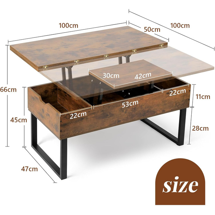 Журнальний столик VOWNER з регульованою висотою, багатофункціональний стіл для вітальні 3-в-1 з прихованим місцем для зберігання, який трансформується у обідній стіл для вітальні, колір вінтажного коричневого