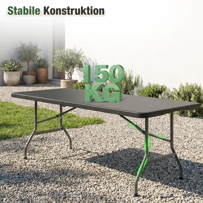 Складаний фуршетний стіл Sekey, пластик, 152x70 см Кемпінговий стіл з ручкою для перенесення, стіл для вечірки, розкладний стіл, садовий стіл для саду, патіо та балкону, складаний, 4 особи (чорний)