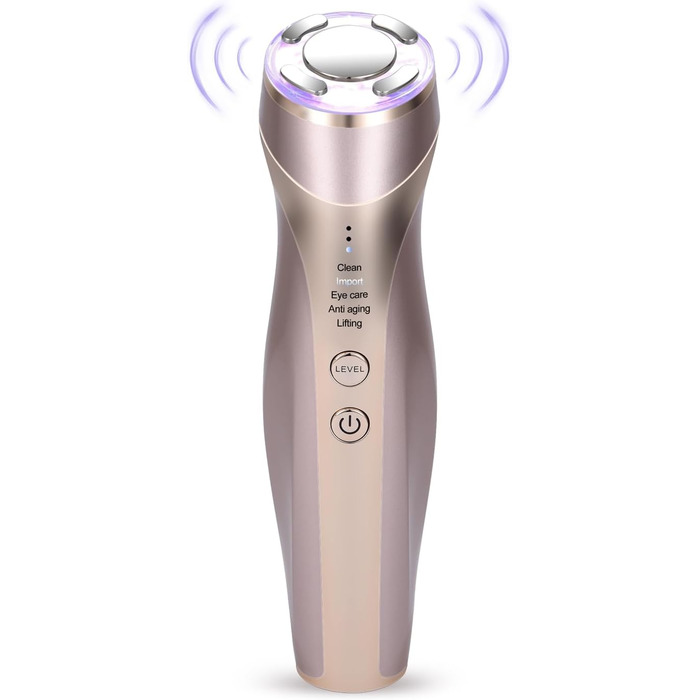 Радіочастотний та ультразвуковий пристрій для обличчя, 5 в 1 масажер для обличчя для видалення зморшок RF EMS світлотерапія, для підтяжки обличчя масаж проти зморшок проти старіння, перезаряджається від USB