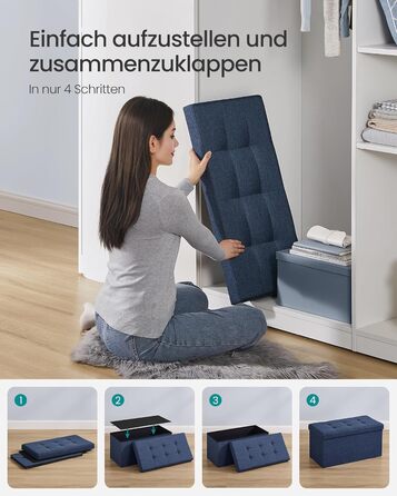Пуф для зберігання SONGMICS, Складана лавка, Пуф для ніг 38 x 76 x 38 см, Коробка для зберігання, Вантажопідйомність до 300 кг, для вітальні, спальні, коридору, Темно-синій SPF 47IN 76B см Темно-синій