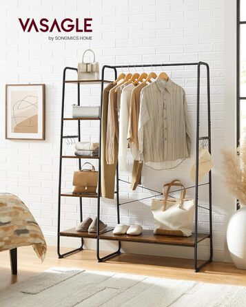 Вішалка для одягу, шафа-підставка, 45 x 120 x 160 см Шафа з рейкою для одягу, полиця для взуття, відкрита шафа, 6 знімних гачків, спальня, коридор, вінтажний коричнево-чорний RGR116B01 Рустикально-коричневий чорний