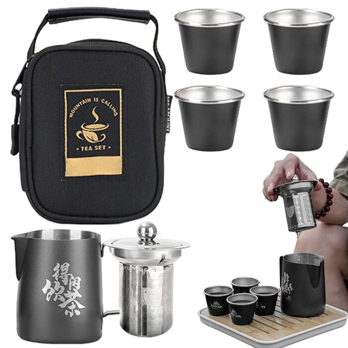 Портативний чайний сервіз для подорожей набір з чайника та чашок з нержавіючої сталі. Компактний чайний сервіз у стилі кунг-фу з сумкою для дому, активного відпочинку, походів, кемпінгу та рюкзаків.