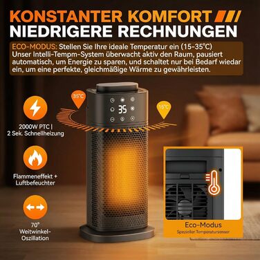 Керамічний вентилятор-обігрівач з ефектом полум&39я та зволожувачем повітря, електричний обігрівач потужністю 2000 Вт, енергозберігаючий та тихий, потужний електричний обігрівач для офісу та спальні, ідеально підходить для обігрівача кімнати