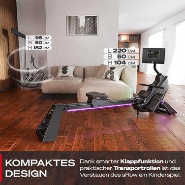 Гребний тренажер преміум-класу Sportstech sRow/10 дюймів/Lite для домашнього використання сенсорний дисплей/ручка - якісний німецький бренд - додаток з тренуваннями та курсами тренувань, складний гребний тренажер зі світлодіодною технологією, домашній спо