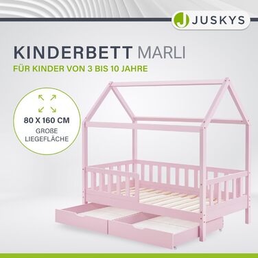 Дитяче ліжко Juskys Marli 80 x 160 см з матрацом, ящиком для ліжка, захисними поручнями, рейковою основою та дахом - Ліжко-будиночок з масиву дерева для дітей - Ліжко рожевого кольору