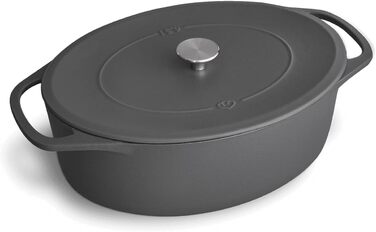 Кокотниця з кришкою, сіра, овальна, 33 см, 6,5 л, чавунна жаровня, індукційна каструля. 33 см сіра