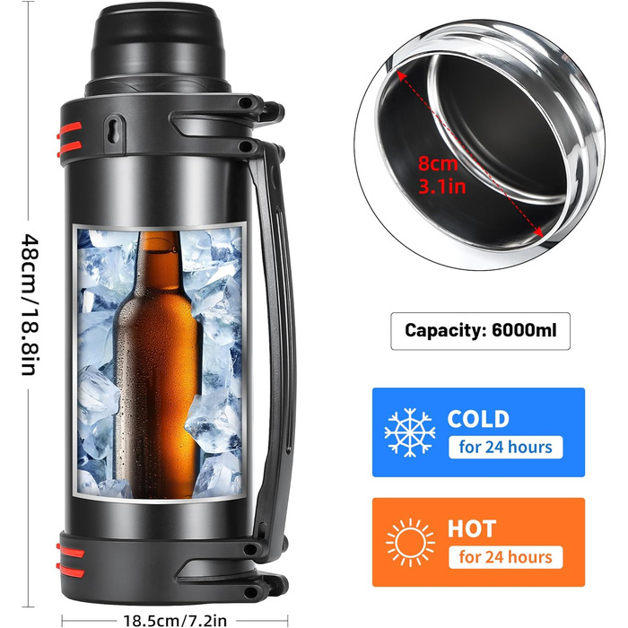 Термос колба термос колба 6.0 л, вакуумна пляшка з нержавіючої сталі, вакуумна колба з 2 чашками для пиття, двостінна ізоляційна п