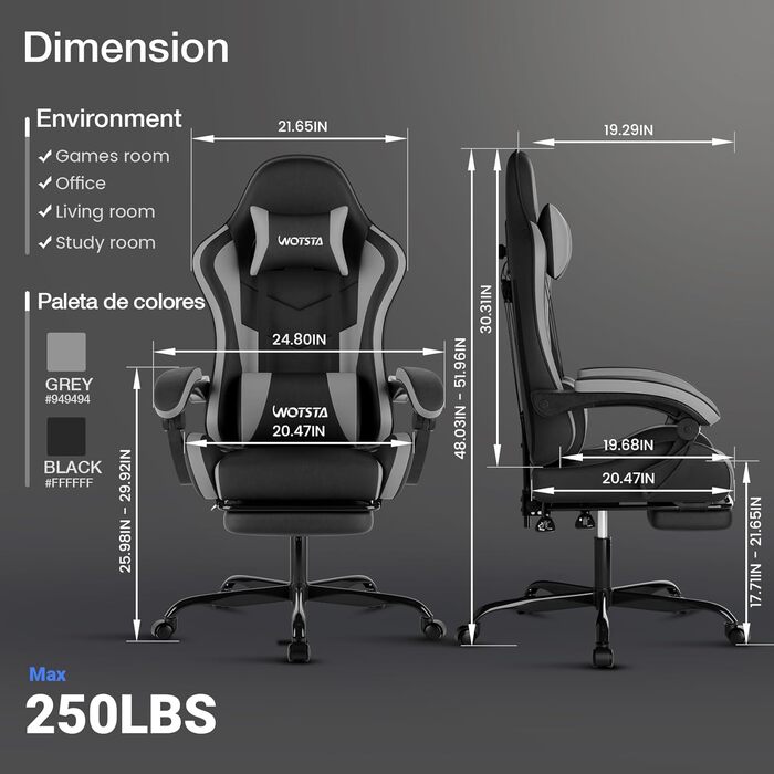 Ігрове крісло Комп&39ютерне крісло Ергономічне ігрове крісло з підставкою для ніг Офісне крісло Ергономічне комп&39ютерне крісло з поперековою опорою (BLKGY) Blackgery