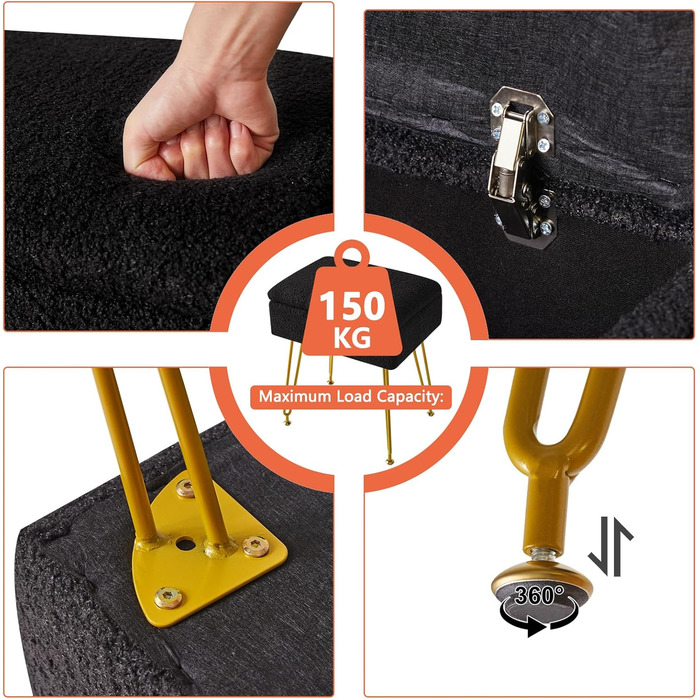 Туалетний стілець-стілець з місцем для зберігання, квадратний оксамитовий пуф Тедді, сучасний багатофункціональний макіяжний стілець для спальні, вітальні 40 x 30 x 47 см чорний HBD031B