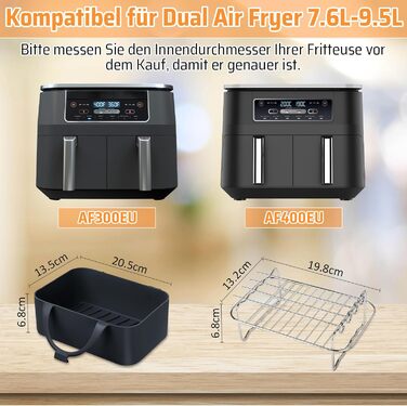 Набір аксесуарів для фритюрниці з 9 предметів для Ninja Foodi Dual AF300EU, AF400EU, Princess 182068, включаючи силіконову вставку для фритюрниці та решітки для фритюрниці тощо, аксесуари для фритюрниці з подвійними кошиками 7.6 л-9.5 л тип A