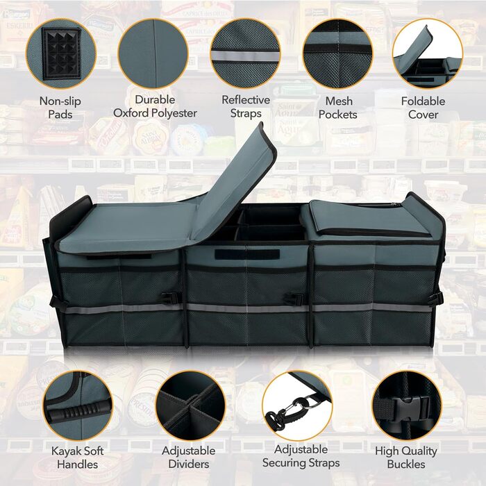 Органайзер для багажника з вбудованою герметичною сумкою-холодильником, 2 стяжними ременями, 4 знімними перегородками, складною кришкою, виготовлений з PE-пластини товщиною 2 мм, сірий