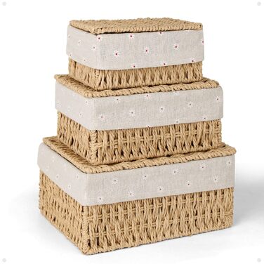 Набір кошиків для зберігання з 3 шт. , кошики для зберігання з кришками, плетені з паперової мотузки, кошики в стилі бохо з підкладкою, багатофункціональна коробка для зберігання іграшок, туалетного приладдя, туалетного паперу, хакі