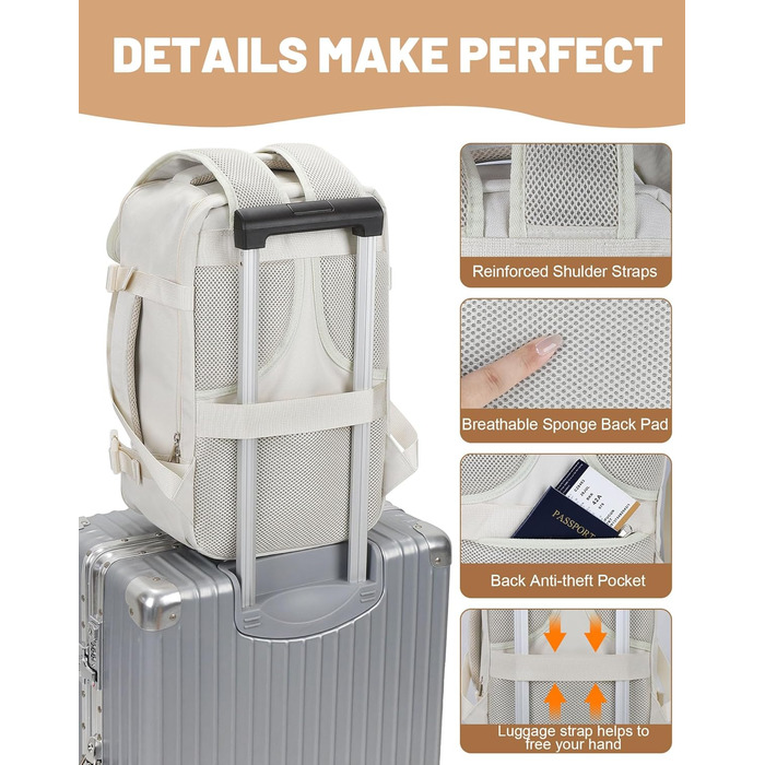 Рюкзак для ручної поклажі Ryanair 40x20x25, поклажа під сидінням, максимальний розмір поклажі для подорожей у салоні, сумка для перельоту, сумка для багажу на вихідні з плечовим ременем, сумка-дама, спортивна сумка - 20 л, колір слонової кістки 40x20x25 с