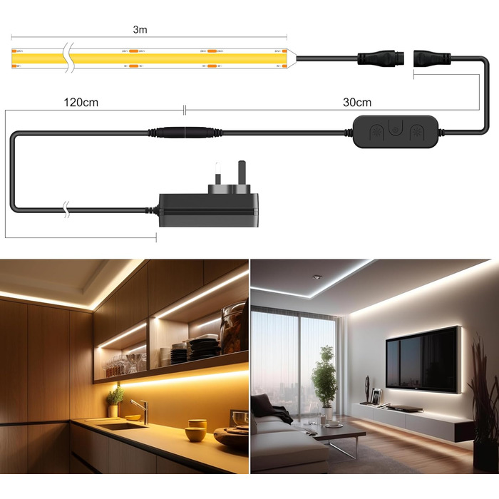 Світлодіодна стрічка TTWAY CCT COB 3M, регульована біла світлодіодна стрічка з регулюванням яскравості 2700K- 6500K 24V з радіочастотним керуванням і адаптером, 608 світлодіодів/м CRI93 Daul біла світлодіодна стрічка для приміщень, кімнат, DIY.