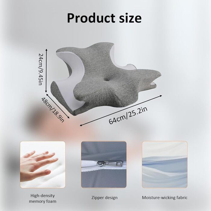 Подушка з піни з ефектом пам&39яті, дорожня подушка з підтримкою шиї, ергономічна подушка зі знімним чохлом, подушка для сну на боці, спині та животі, сіра
