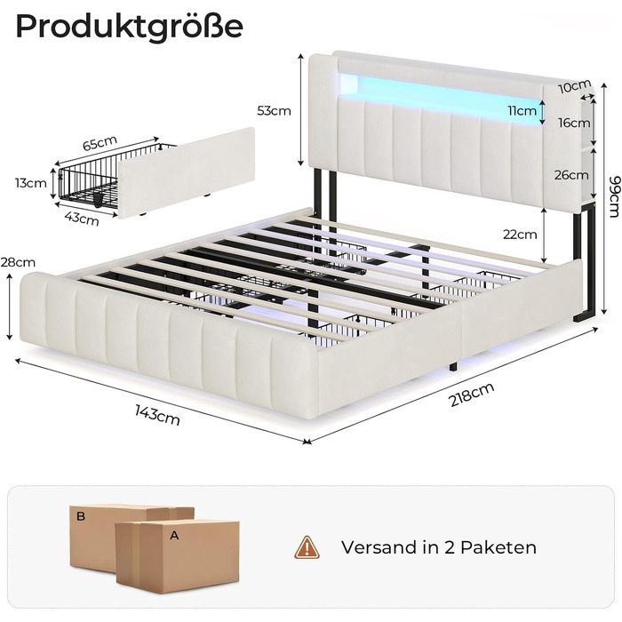 М&39яке ліжко 140x200 см з місцем для зберігання - 4 шухляди, Дитяче ліжко зі світлодіодним освітленням та зарядною станцією, Двоспальне ліжко з оксамитовим узголів&39ям, Ліжко 140x200 з рейковим каркасом - Матрац не входить до комплекту, Бежевий оксамит 