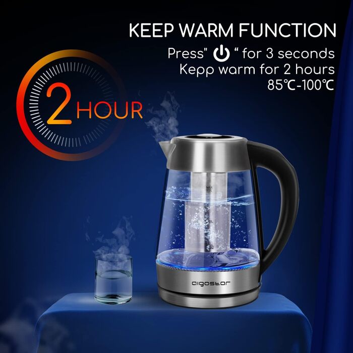 Скляний чайник Aigostar з регулюванням температури 1,7 л, чайник 2-в-1 з ситечком з нержавіючої сталі, вибір температури 60-100C,