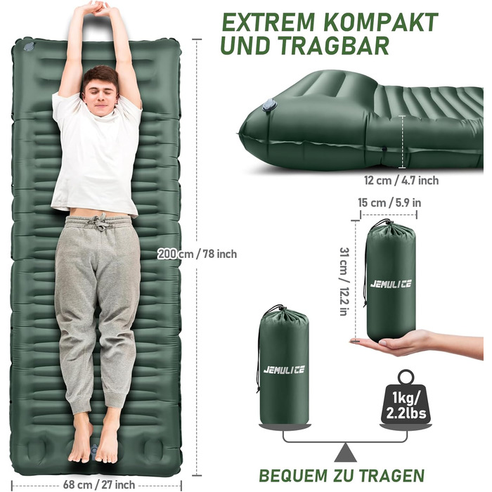Килимок для сну в кемпінгу, надувний матрац товщиною 12 см, невеликий розмір упаковки з ножним насосом, надлегкий водонепроникний надувний матрац для використання на свіжому повітрі, килимок для сну з антиріпстопом для походів та пляжу, армійський зелений