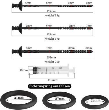 Набір уретральних дилататорів BDSMAGE, з шприцом та ерекційними кільцями, силікон, стимуляція простати, 3 шт.