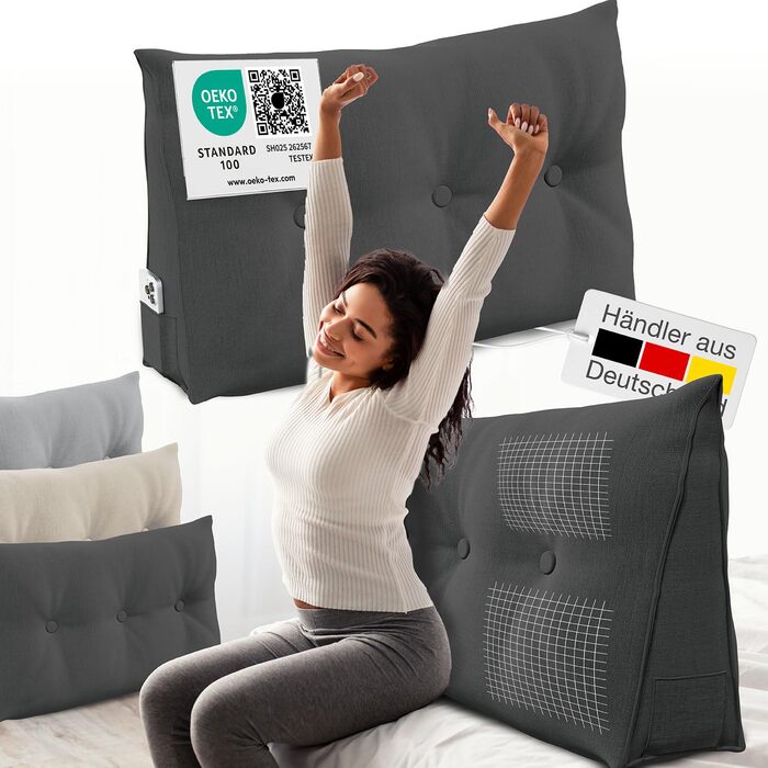 Подушка для спинки ELONEO шириною 100 см, клиноподібна подушка, підходить для ліжка та дивана, трикутна подушка для читання, подушка зі знімним чохлом, який можна прати, з практичною бічною кишенею, антрацит, 100 см