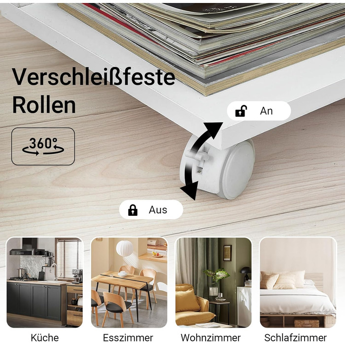 С-подібний приставний столик до дивана з 2 полицями для зберігання та тримачем для планшета, сучасний журнальний столик на колесах для вітальні, білий FBT48-W