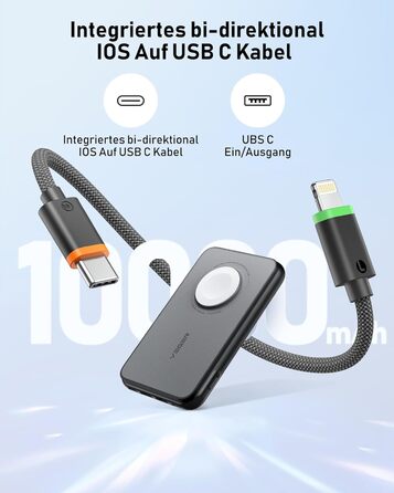 З інтегрованим USB-C і кабелем Apple, з Apple Watch і USB C для зарядки, зовнішній акумулятор мобільного телефону зі світлодіодом, сумісний з iPhone, Apple Watch (9-1), мобільними телефонами USB C, 20W PD, Powerbank 10000mAh