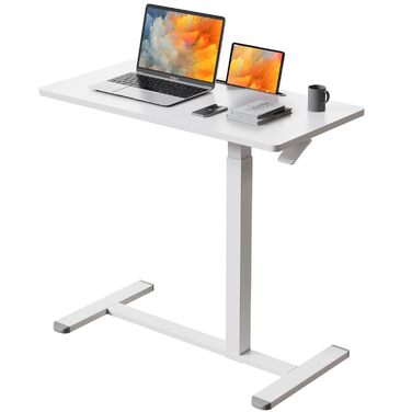 Мобільний стіл з регульованою висотою, стіл для ноутбука з 4 колесами (80 x 40 см), невеликий стоячий стіл/комп&39ютерний стіл, С-подібний бічний столик/кавовий столик для домашнього офісу, білий 80 x 40 см