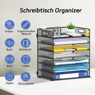 Рівневий органайзер для столу з ручкою металева офісна система для документів, листів та книг формату A4, міцний органайзер для паперів для столу, домашнього офісу та школи, чорний, 7-
