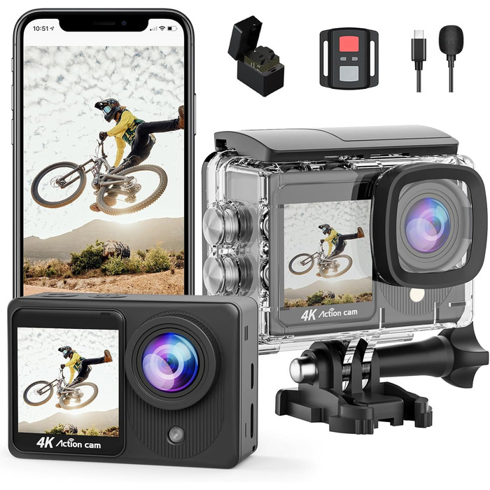 Сенсорний екран TIMNUT 4K Action Cam - подвійний екран 40M підводна камера 170 ширококутна шоломна камера 20MP водонепроникні екшн-камери з дистанційним керуванням, 2 батареями та комплектом аксесуарів