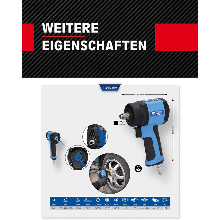 Міні-гайковерт пневматичний 1/2 BT160400 1,240 Нм I Ударний гайковерт стисненого повітря, регульований у 3-х ступенях I Високоефек