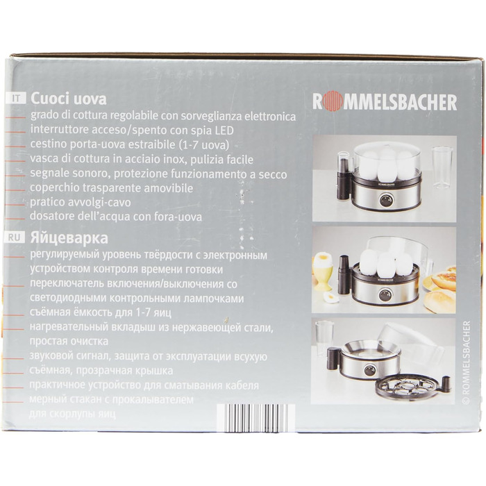 Яйцеварка ROMMELSBACHER ER 400 - на 1-7 яєць, регульована твердість, електронний контроль часу приготування, вимикач, звуковий сиг