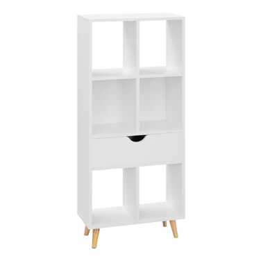 Книжкова полиця EUGAD, книжкова шафа, перегородка для кімнати, полиця для файлів, полиця для зберігання, окремостояча полиця з шухлядою та ніжками, виготовлена з МДФ, 6 полиць, біла, 50x1224 см
