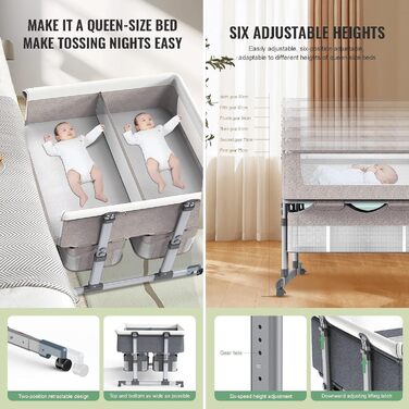 Односпальне ліжко для двох немовлят, дитяче ліжко для близнюків, колиска для близнюків, односпальне ліжко поруч зі мною, регульована висота в 6 напрямках, легко розкладне спальне ліжко, портативне дитяче ліжко кольору хакі